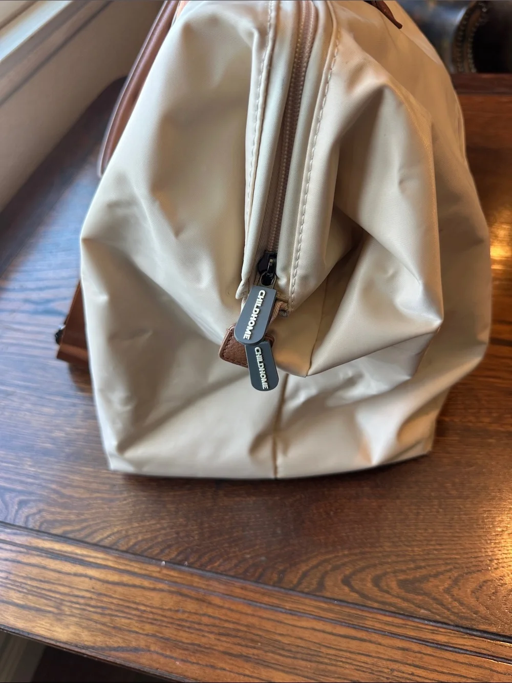 Cream Mommy Bag Tote with Brown Handles